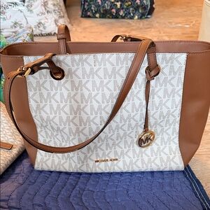 Michael Kors Brown and White MK Logo Tote
